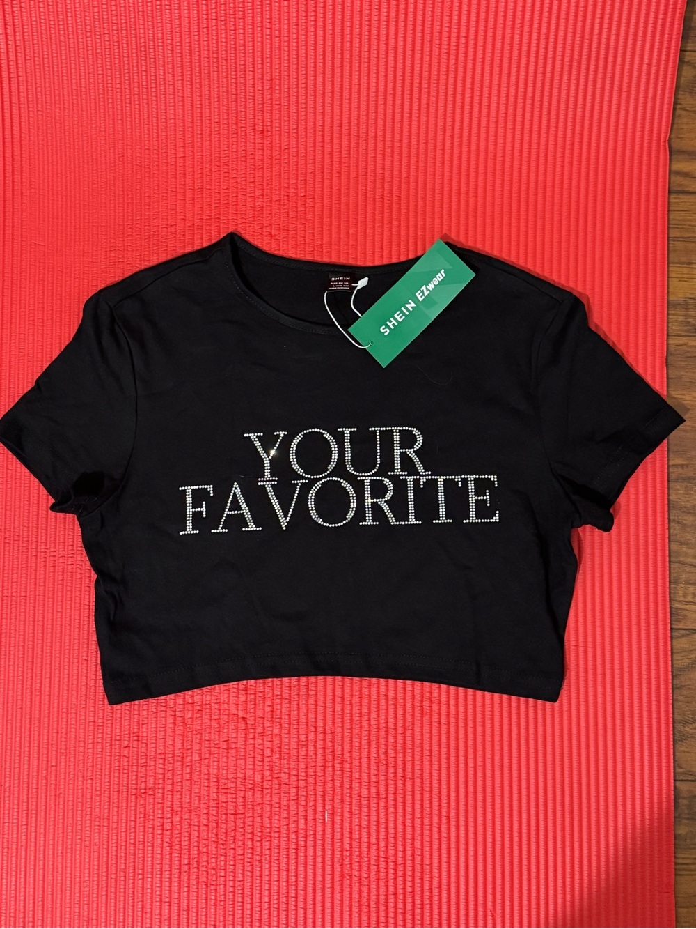 SHEIN Black Rhinestone "YOUR FAVORITE" Crop Tee